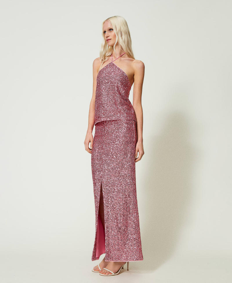 Full sequin long skirt "Rose Wine” Pink Woman 241LB21CC-02