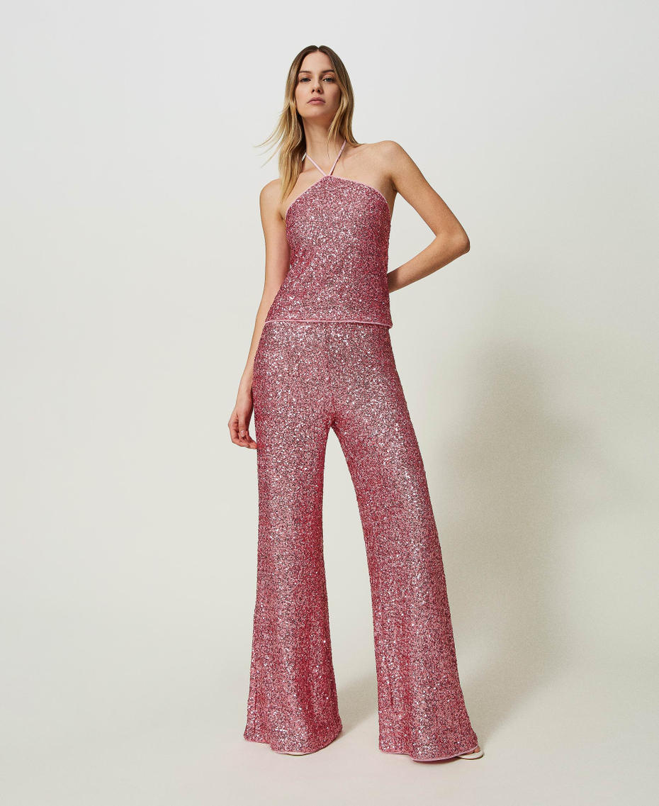 Full sequin palazzo trousers "Rose Wine” Pink Woman 241LB21DD-01