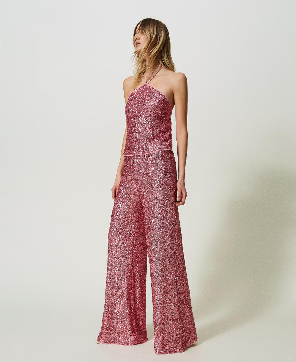 Pantalon palazzo enti&egrave;rement orn&eacute; de sequins Rose &laquo;&thinsp;Rose Wine&thinsp;&raquo; Femme 241LB21DD_11265_02
