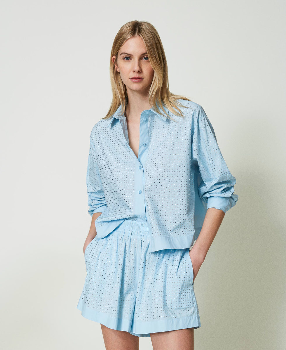 Camicia in popeline con strass Azzurro "Aquamarine" Donna 241LB23AA_11261_01