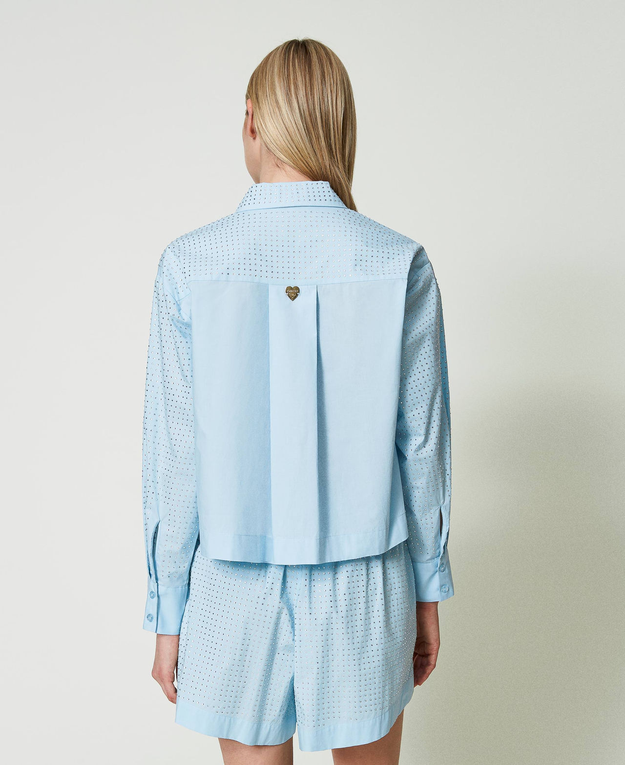 Poplin shirt with rhinestones "Aquamarine” Light Blue Woman 241LB23AA_11261_03