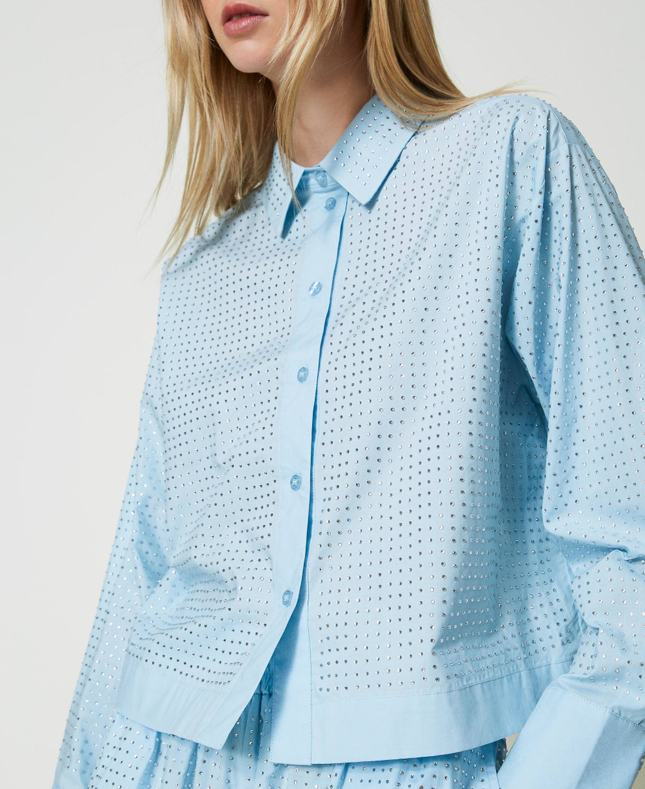 Poplin shirt with rhinestones "Aquamarine” Light Blue Woman 241LB23AA_11261_04