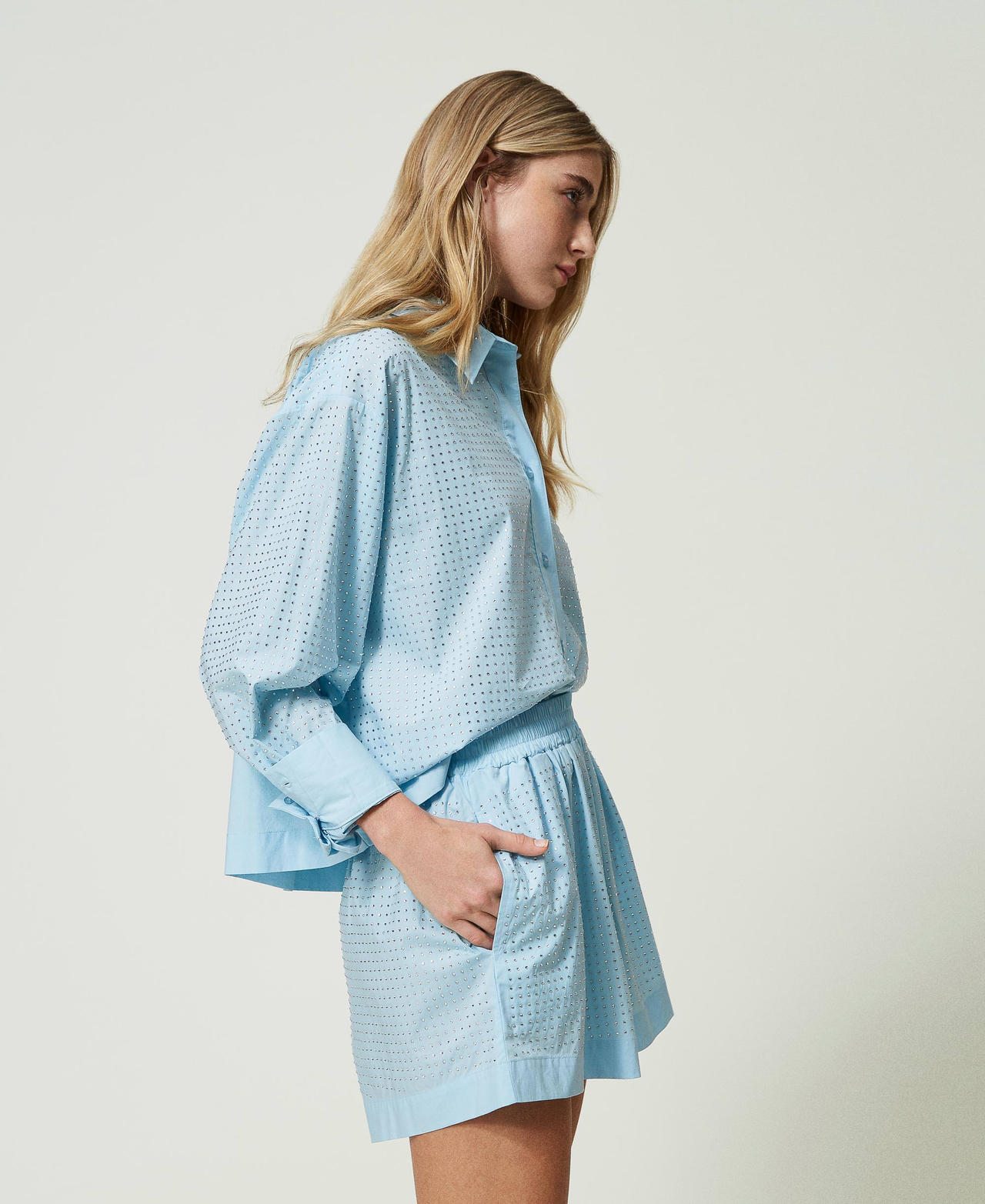 Poplin shorts with rhinestones "Aquamarine&rdquo; Light Blue Woman 241LB23BB_11261_02