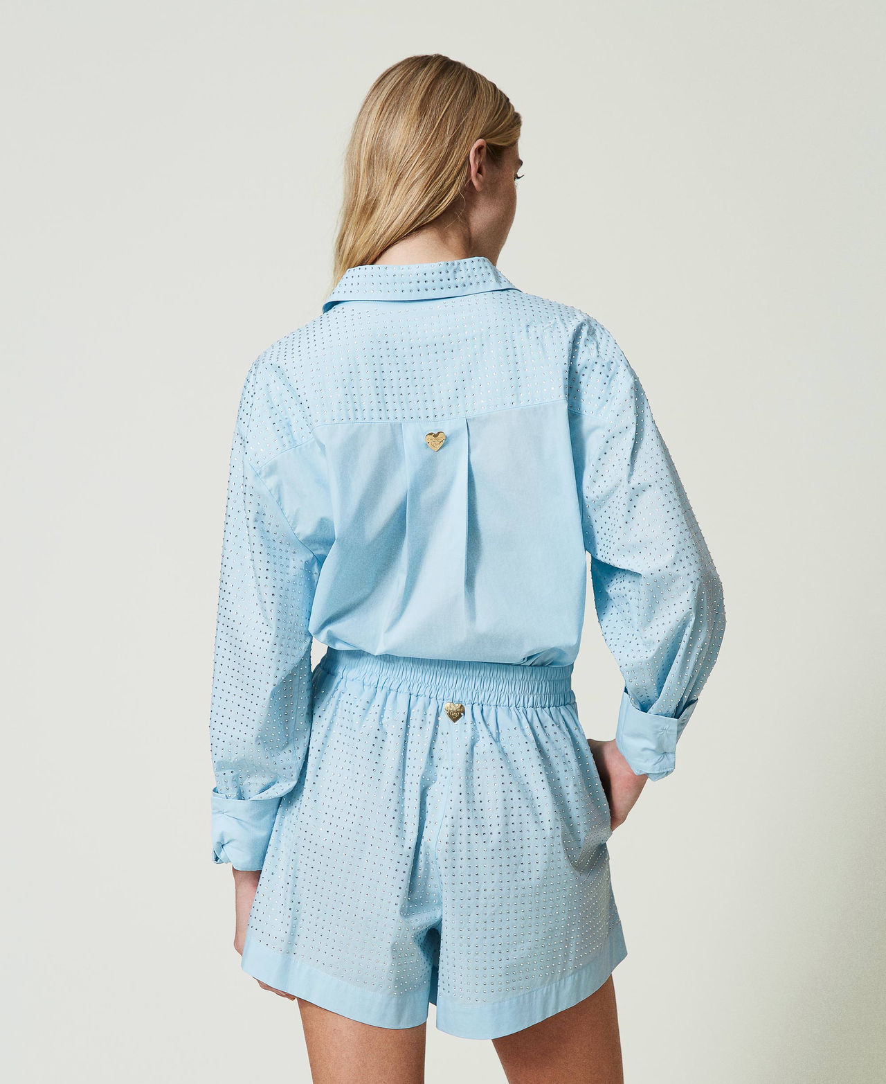 Poplin shorts with rhinestones "Aquamarine&rdquo; Light Blue Woman 241LB23BB_11261_03