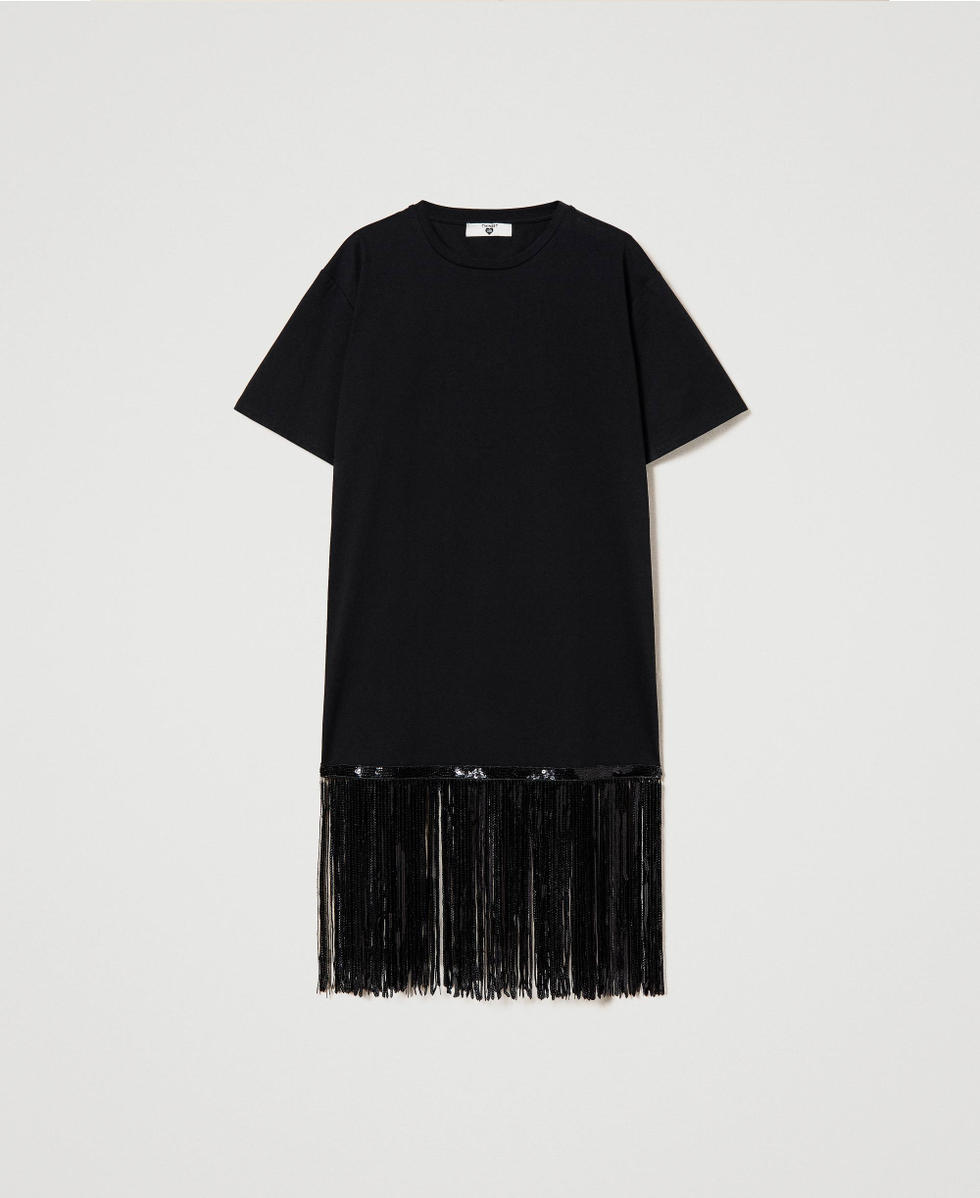 Maxi T shirt con frange di paillettes Donna Nero TWINSET Milano