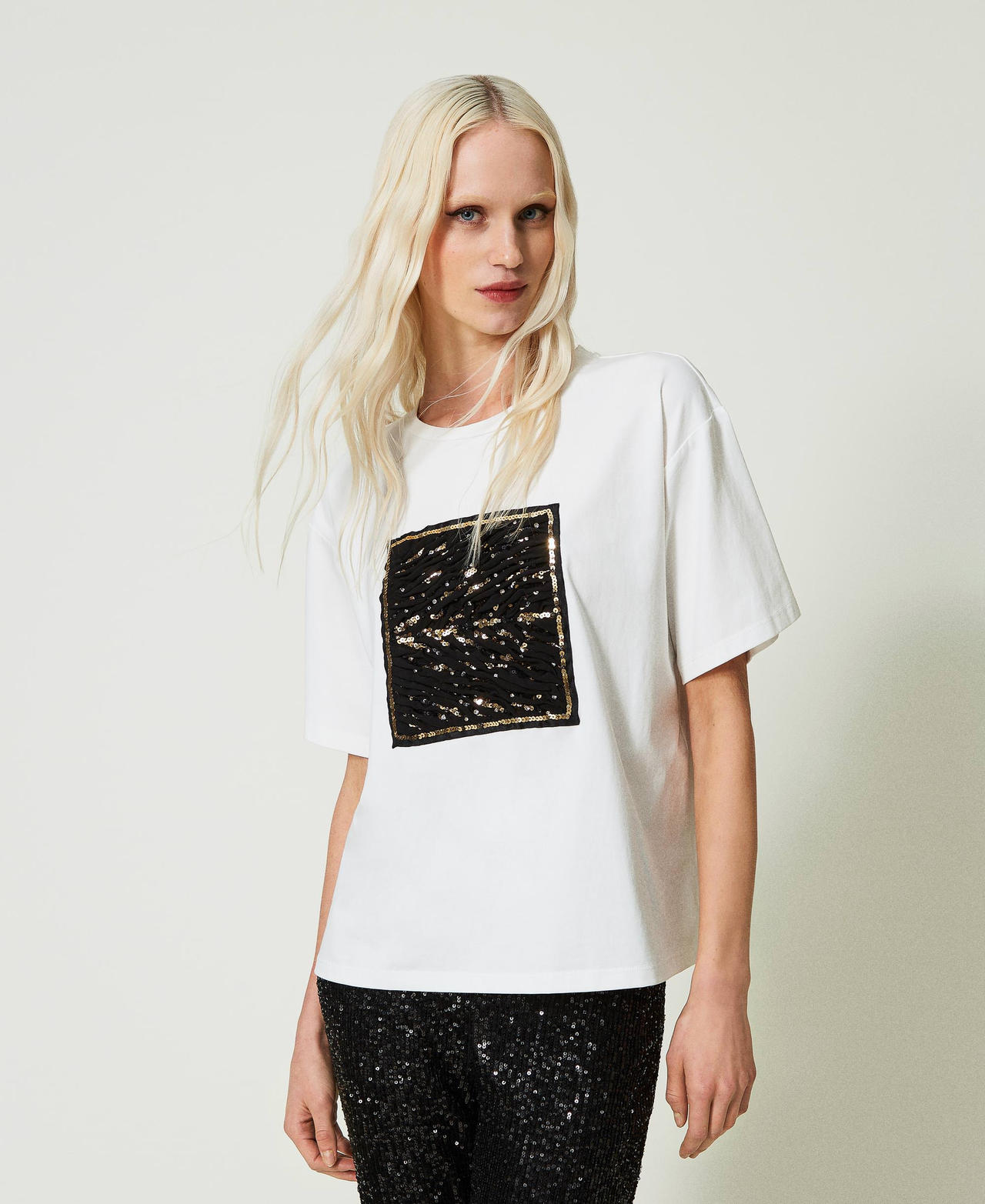 twinset beachwear - t-shirt regular con ricamo, star white, jersey, taglia: xs donna