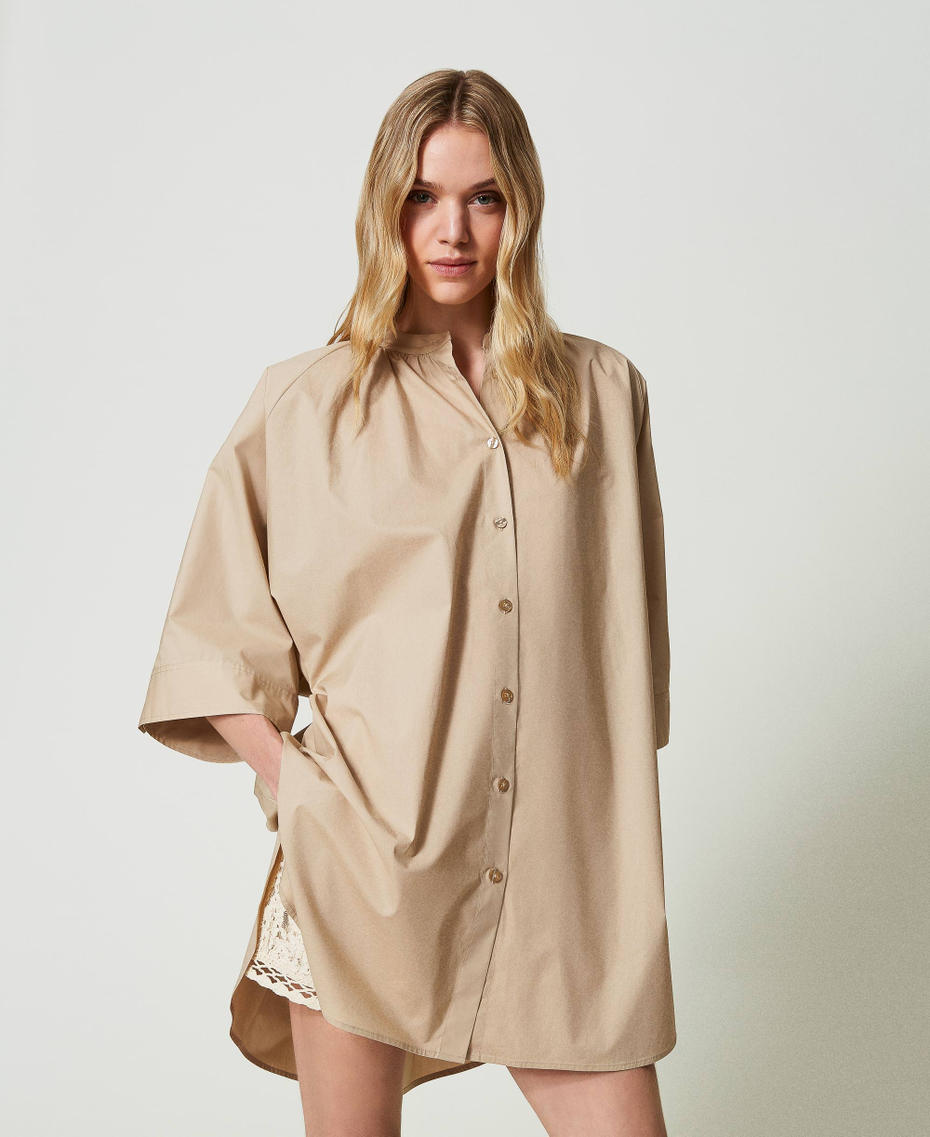 Maxihemd aus Popeline Nougat Beige Frau 241LB2BAA_00519_01