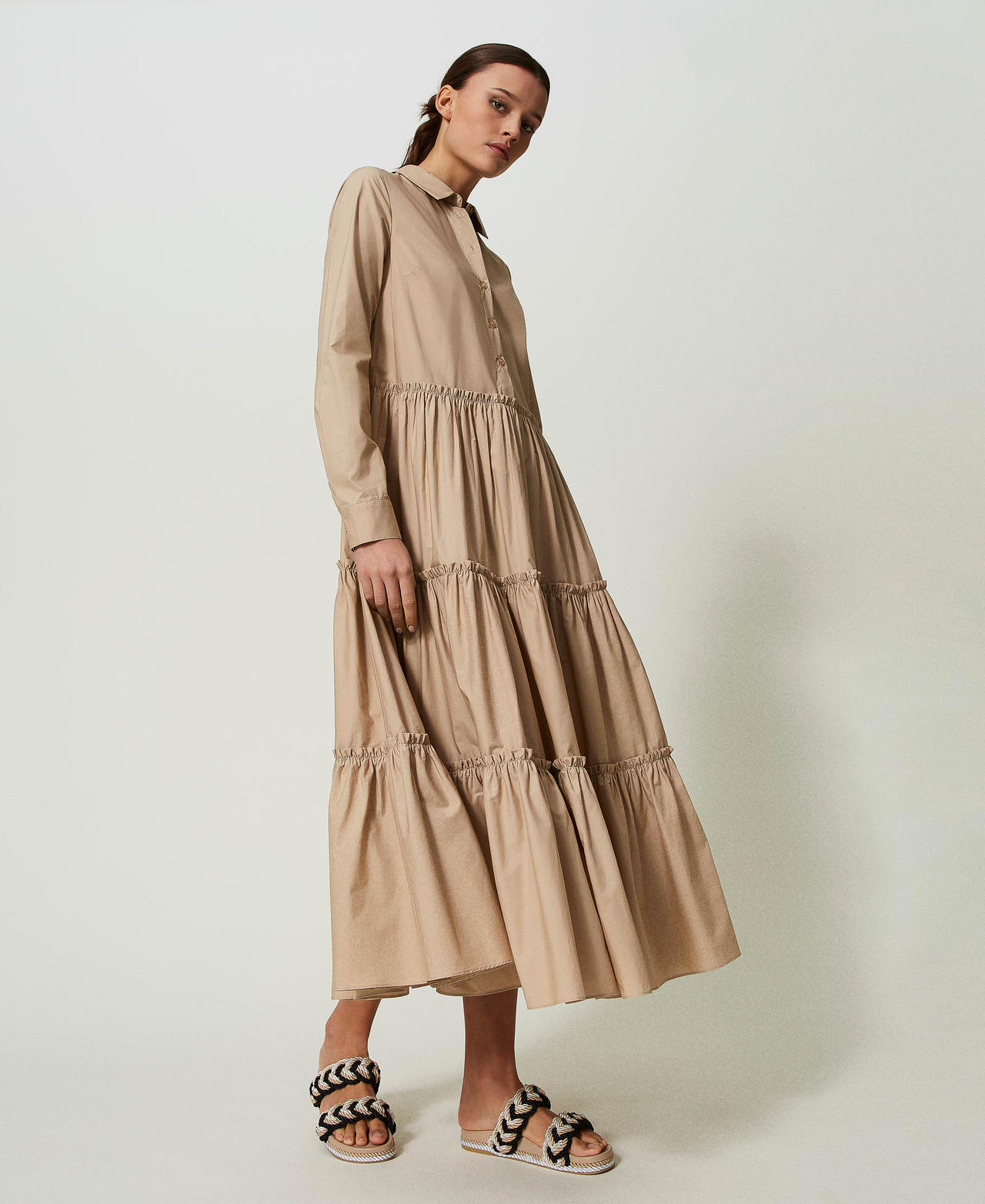 Abito lungo in popeline con balze Beige Nougat Donna 241LB2BCC_00519_02