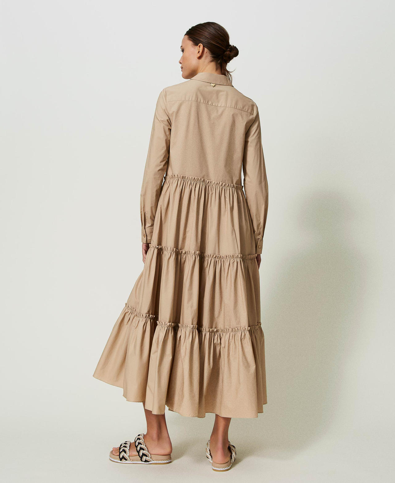 Abito lungo in popeline con balze Beige Nougat Donna 241LB2BCC_00519_03
