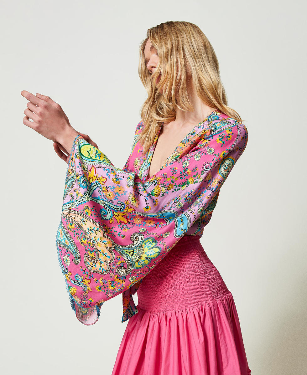 Twill blouse with paisley print Multicolour &ldquo;Pink Dahlia&rdquo; Fuchsia Paisley Print Woman 241LB2GPP_11266_02