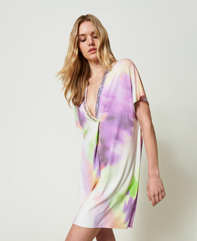 Tie-dye print kaftan with sequins Multicolour Lime Tie-Dye Print Woman 241LB2KCC_11268_01