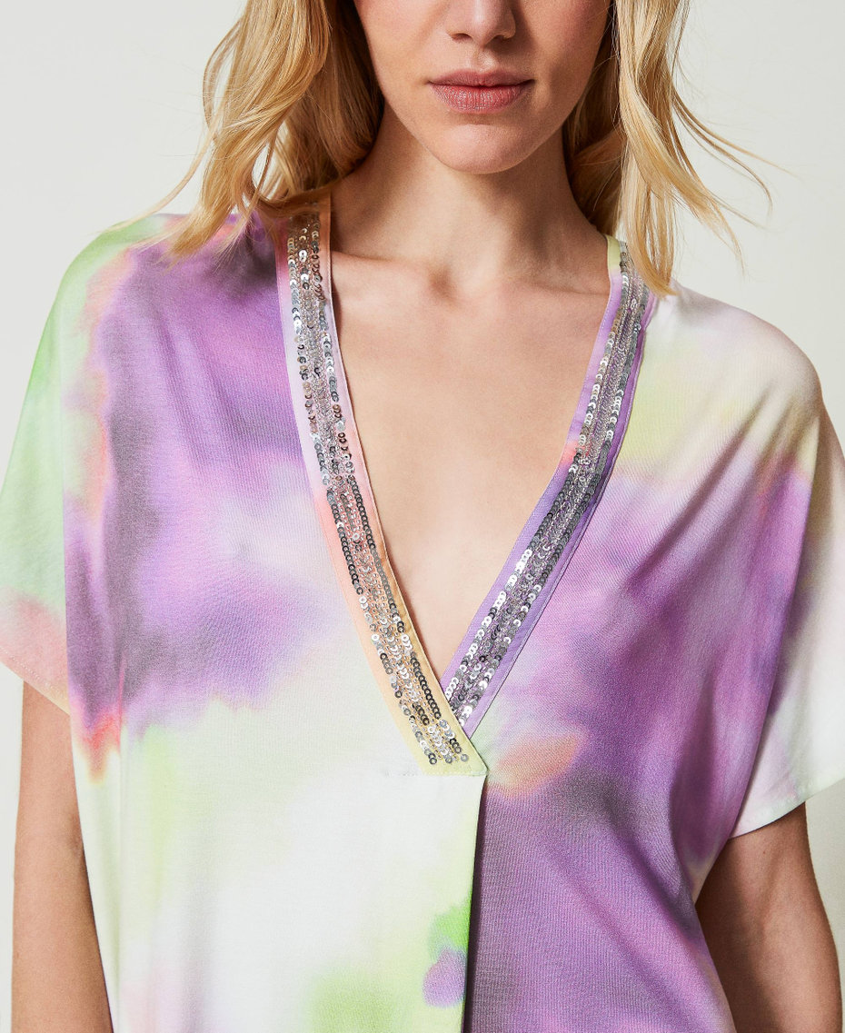Tie-dye print kaftan with sequins Multicolour Lime Tie-Dye Print Woman 241LB2KCC-04