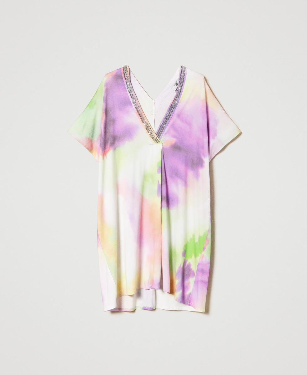 Tie-dye print kaftan with sequins Multicolour Lime Tie-Dye Print Woman 241LB2KCC_11268_S0
