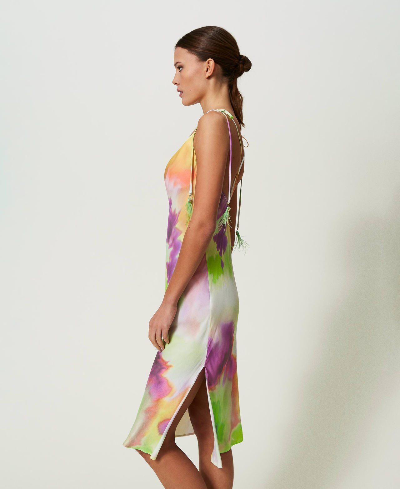 Midi slip dress with tie-dye print