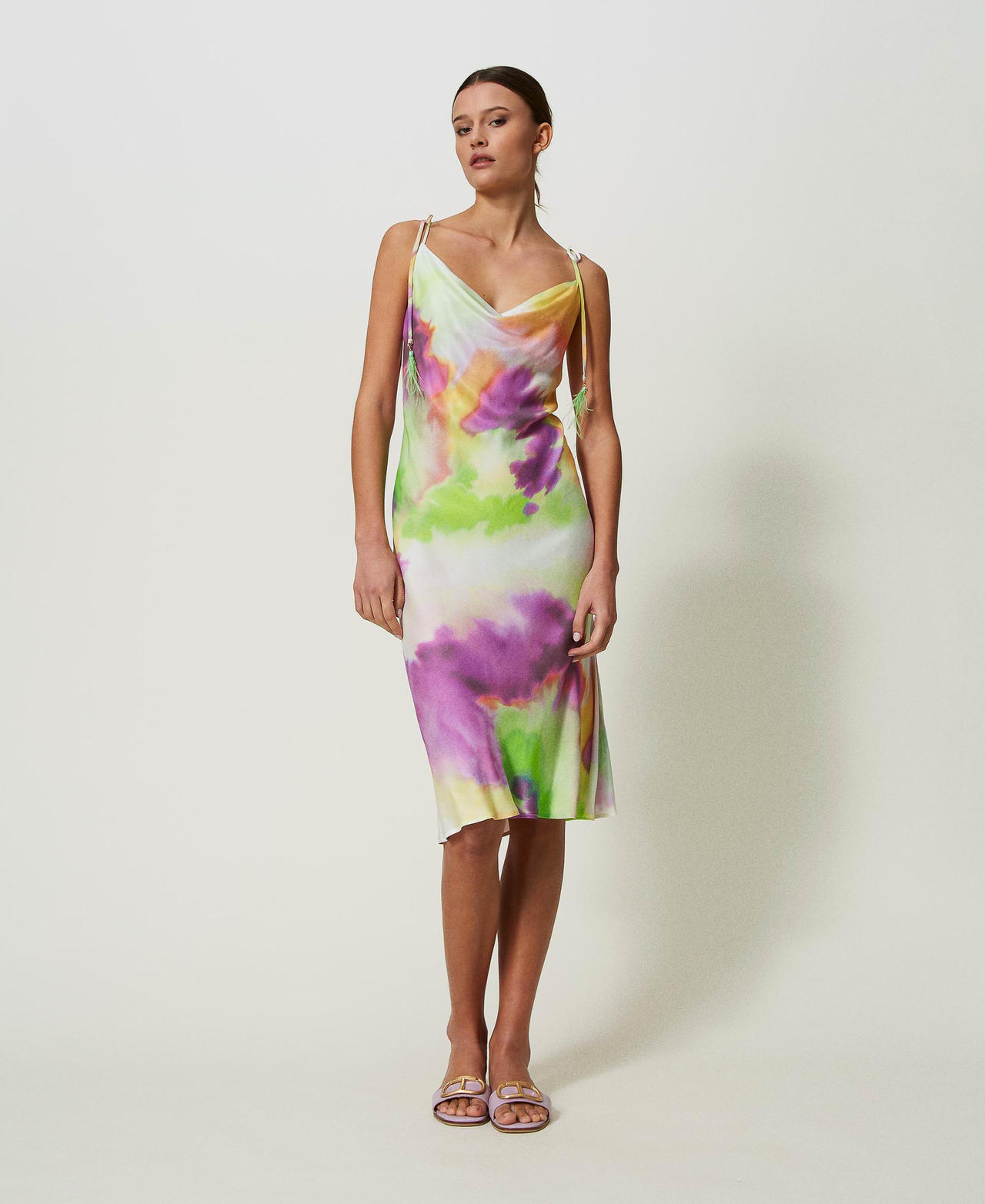 Midi slip dress with tie-dye print Multicolour Lime Tie-Dye Print Woman 241LB2KKK_11268_02