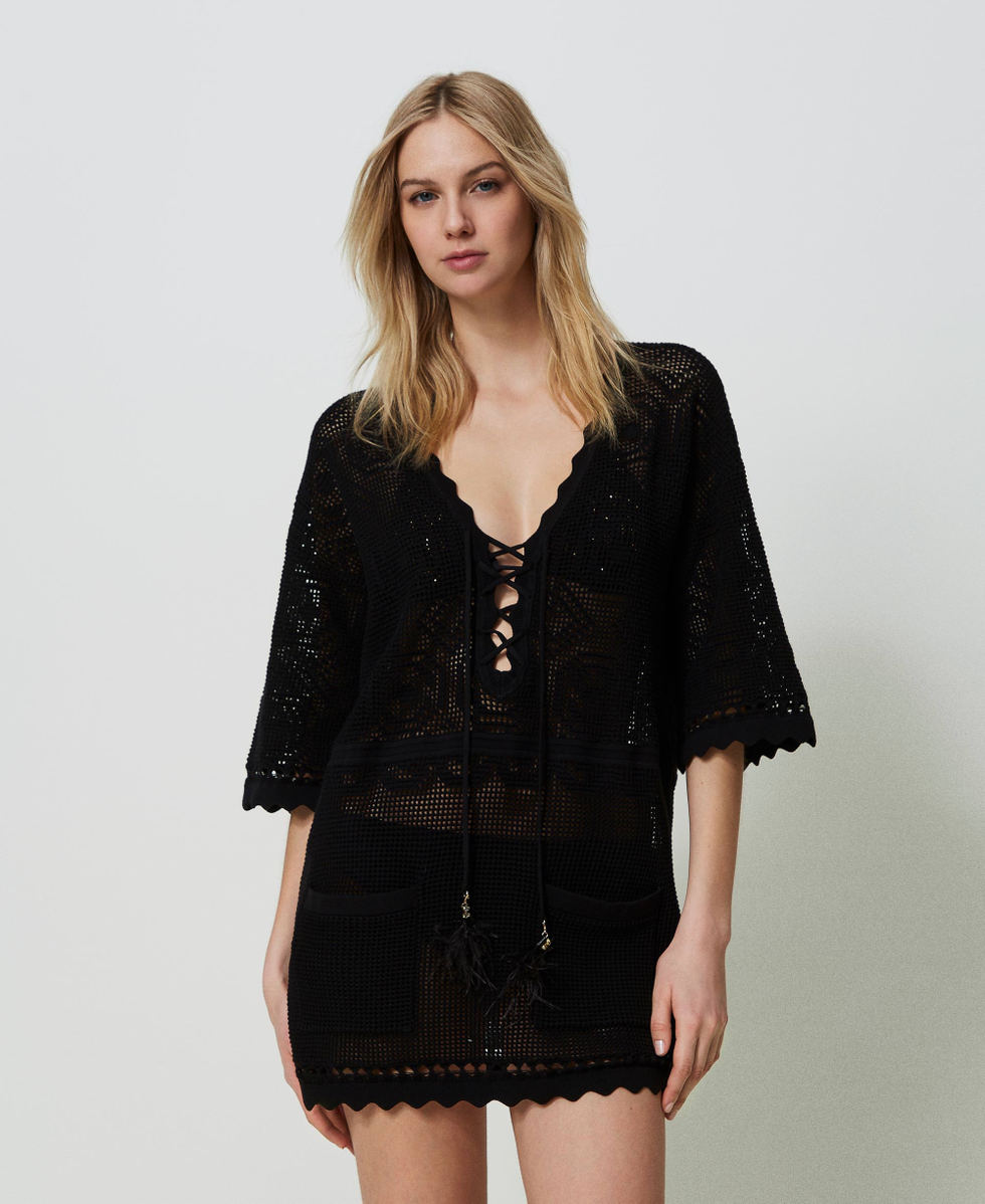 Caftano in maglia traforata Nero Donna 241LB3DAA_00006_01