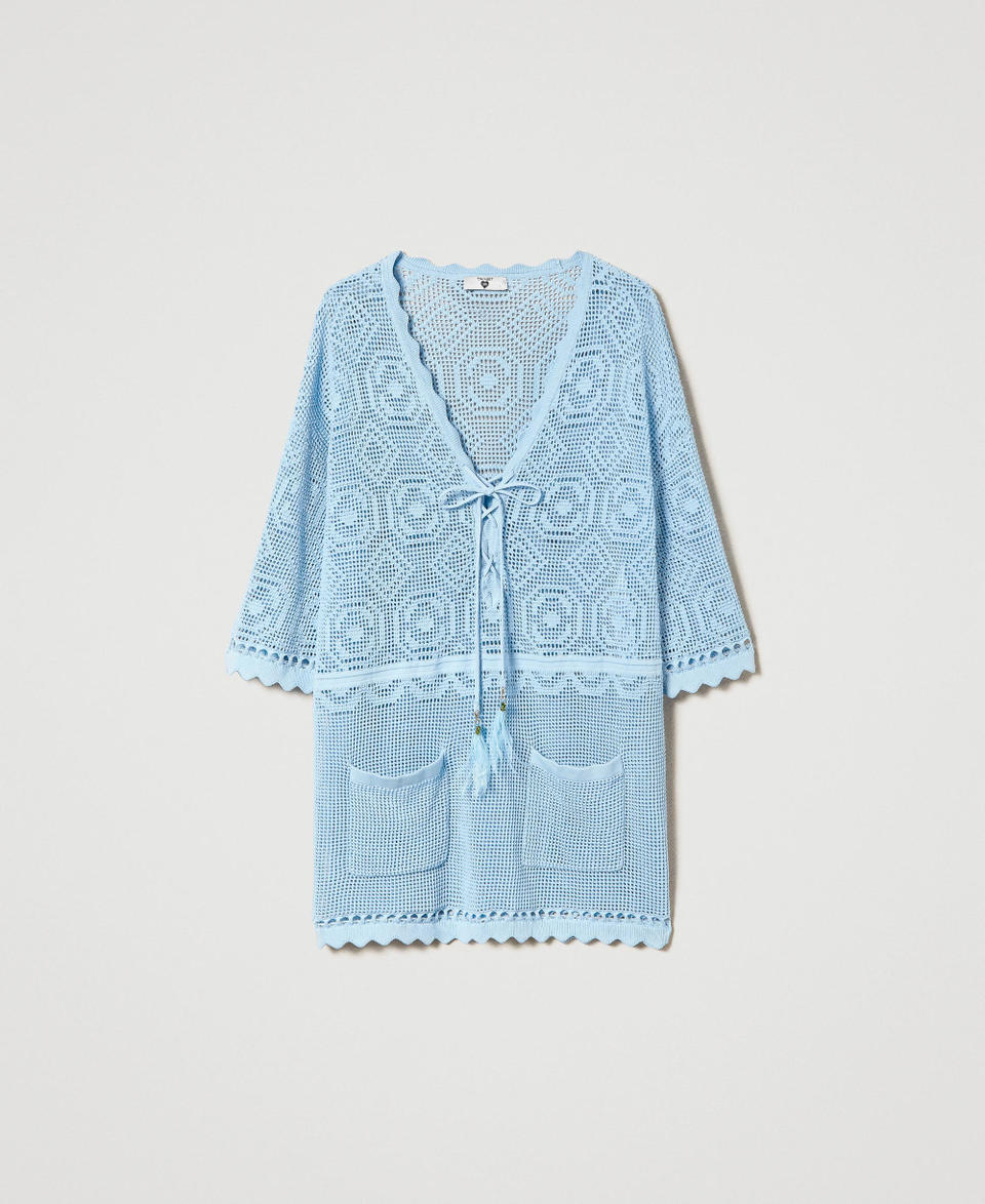 Openwork knit kaftan "Aquamarine” Light Blue Woman 241LB3DAA_11261_0S