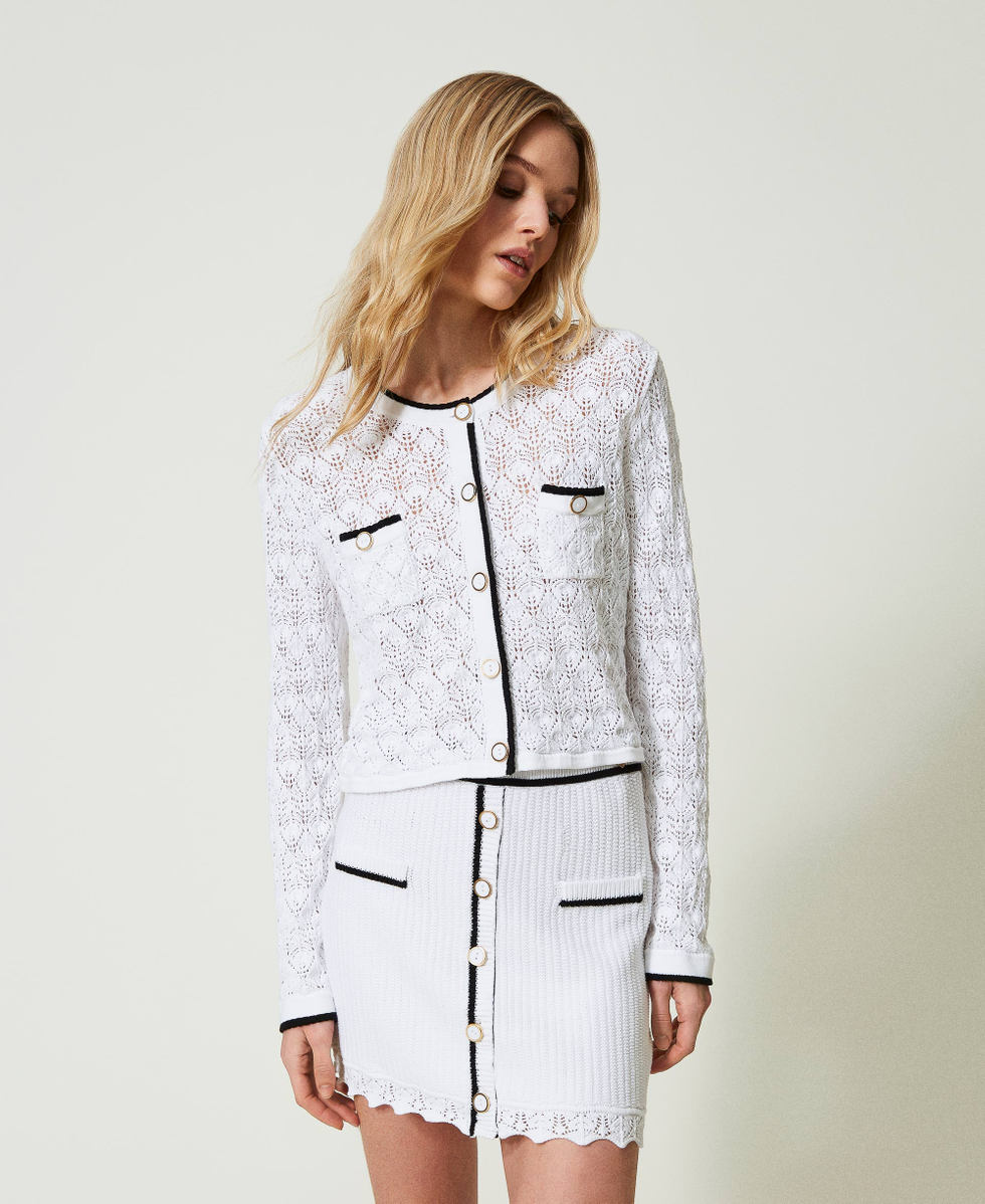 Gerippter Minirock mit Kn&ouml;pfen Zweifarbig Star White / Schwarz Frau 241LB3FBB_11364_02