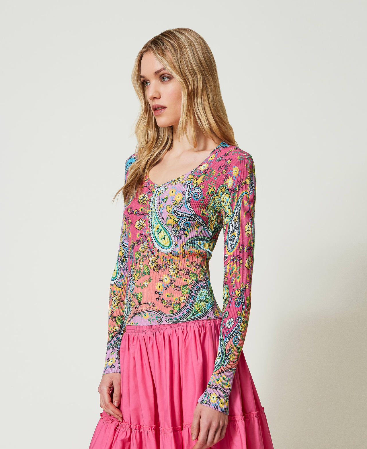 Paisley print jumper Multicolour “Pink Dahlia” Fuchsia Paisley Print Woman 241LB3GAA-02