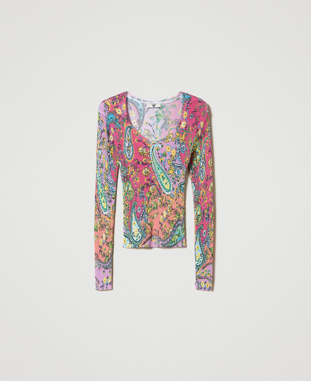 Pullover mit Paisleyprint Print Paisley Multicolor „Pink Dahlia“-Fuchsia Frau 241LB3GAA-0S