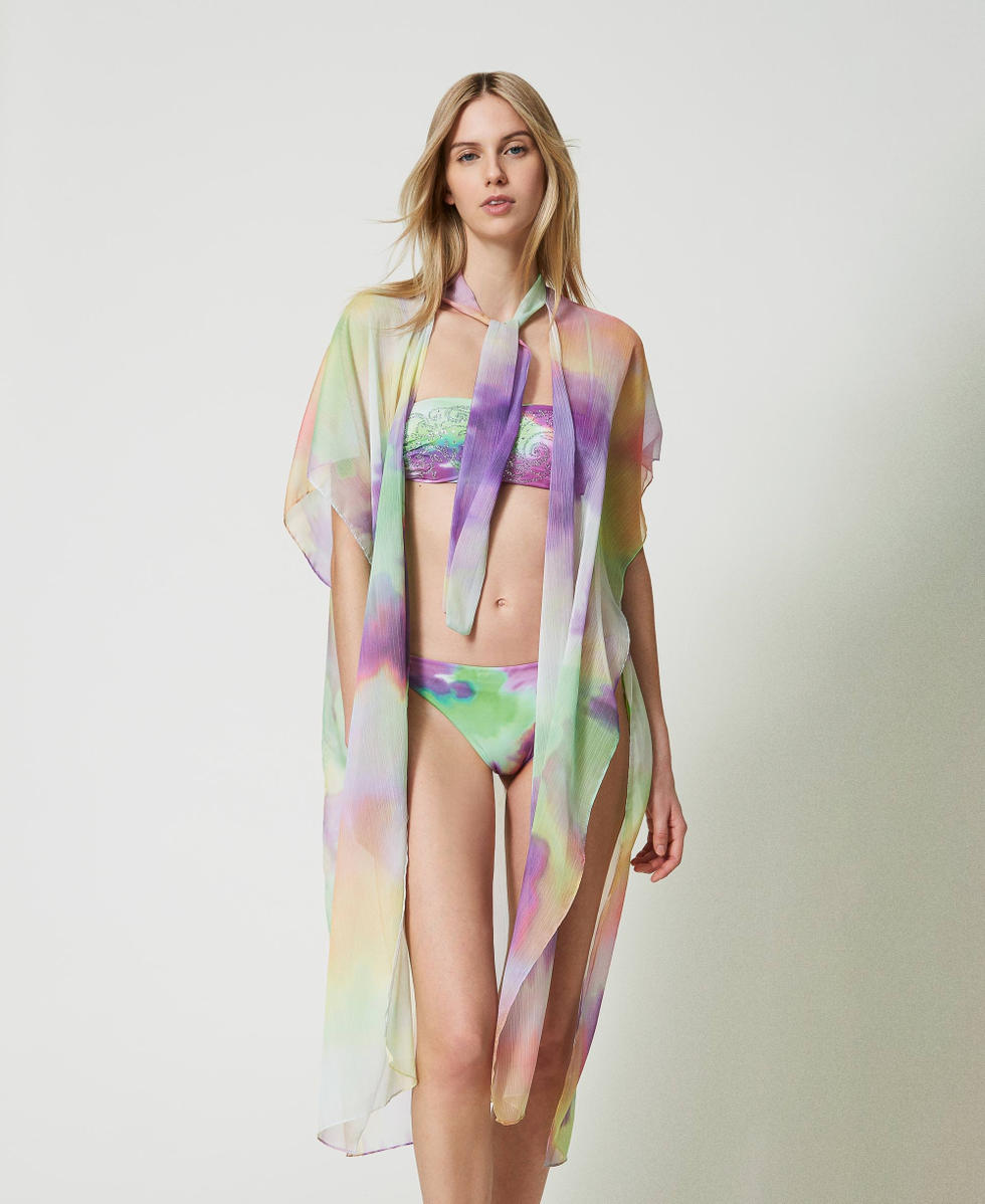 Organza poncho with tie-dye print
