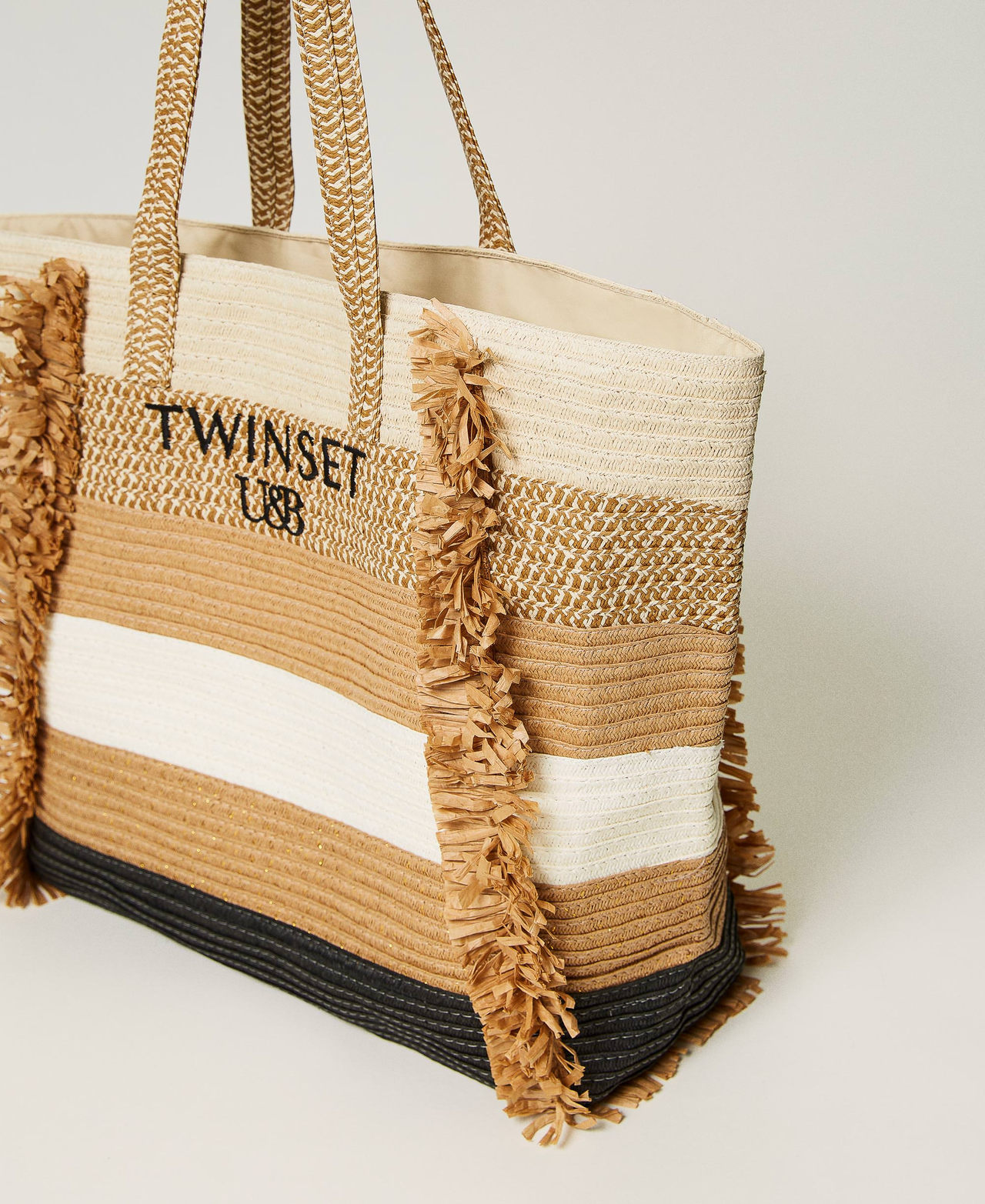 Соломенная сумка-шоппер с бахромой Разноцветный Звездный Белый / Бежевый Нуга / Черный женщина 241LB7100_11361_02