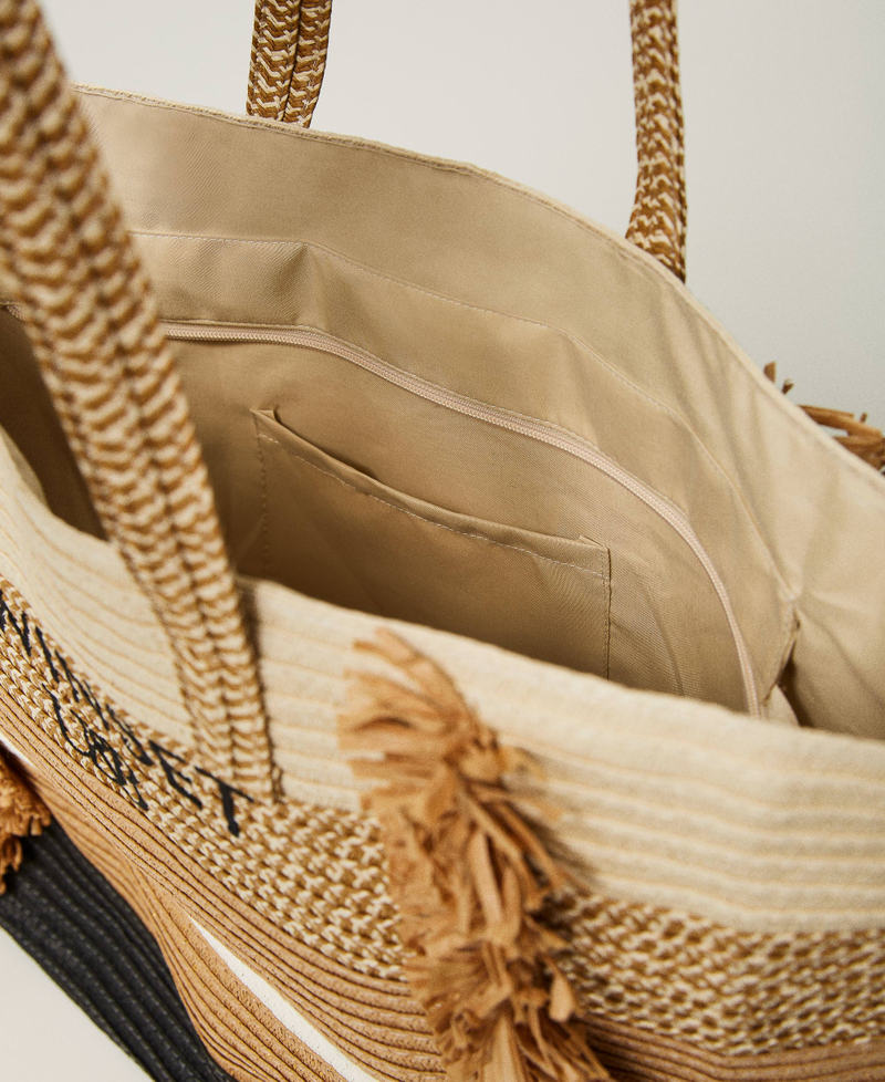 Borsa A Tracolla In Paglia Con Frange E Nappe – Donna, Beige/Marrone/Rosa, Per Spiaggia E Tempo Libero - 2