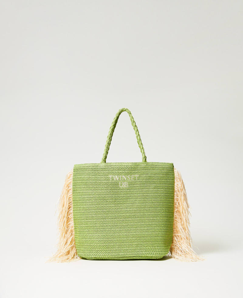 Raffia-like shopping bag with fringes