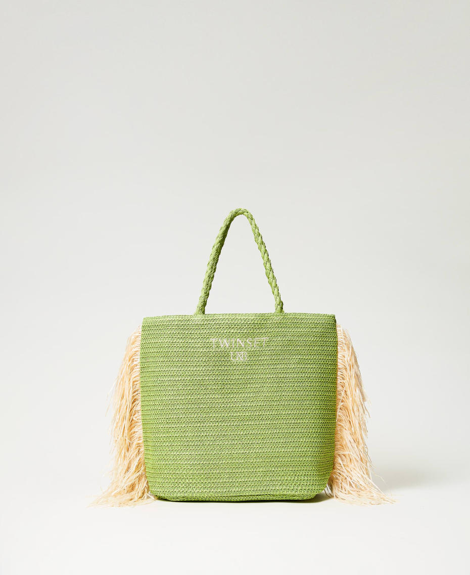 Raffia-like shopping bag with fringes