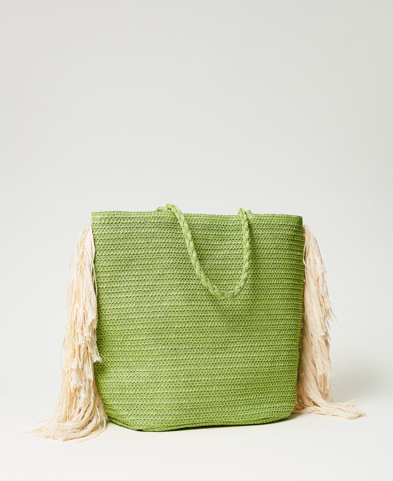 Raffia-like shopping bag with fringes