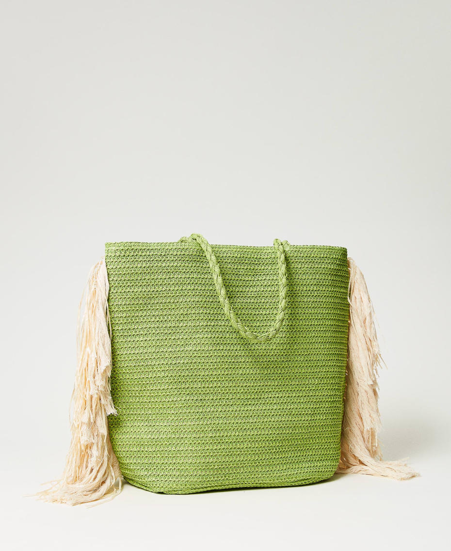 Raffia-like shopping bag with fringes