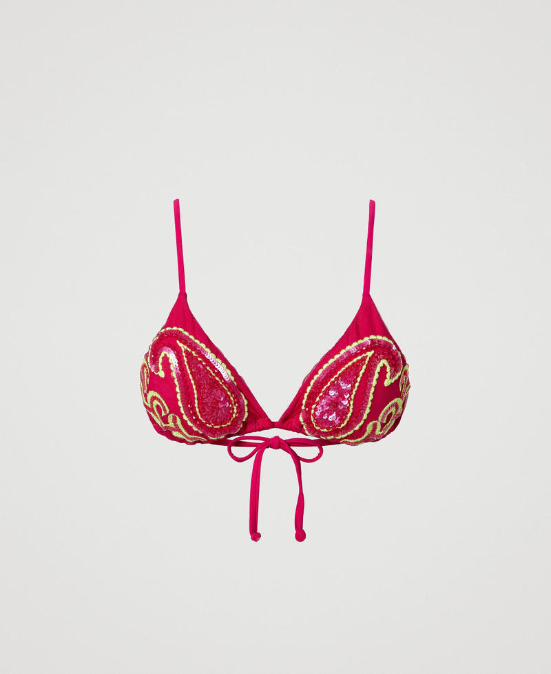 Embroidered triangle bikini top “Pink Dahlia” Fuchsia Woman 241LBM422-0S