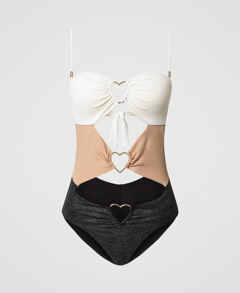 Colour block one-piece swimsuit with hearts Star White / Nougat Beige / Black Multicolour Woman 241LBM5ZZ-0S
