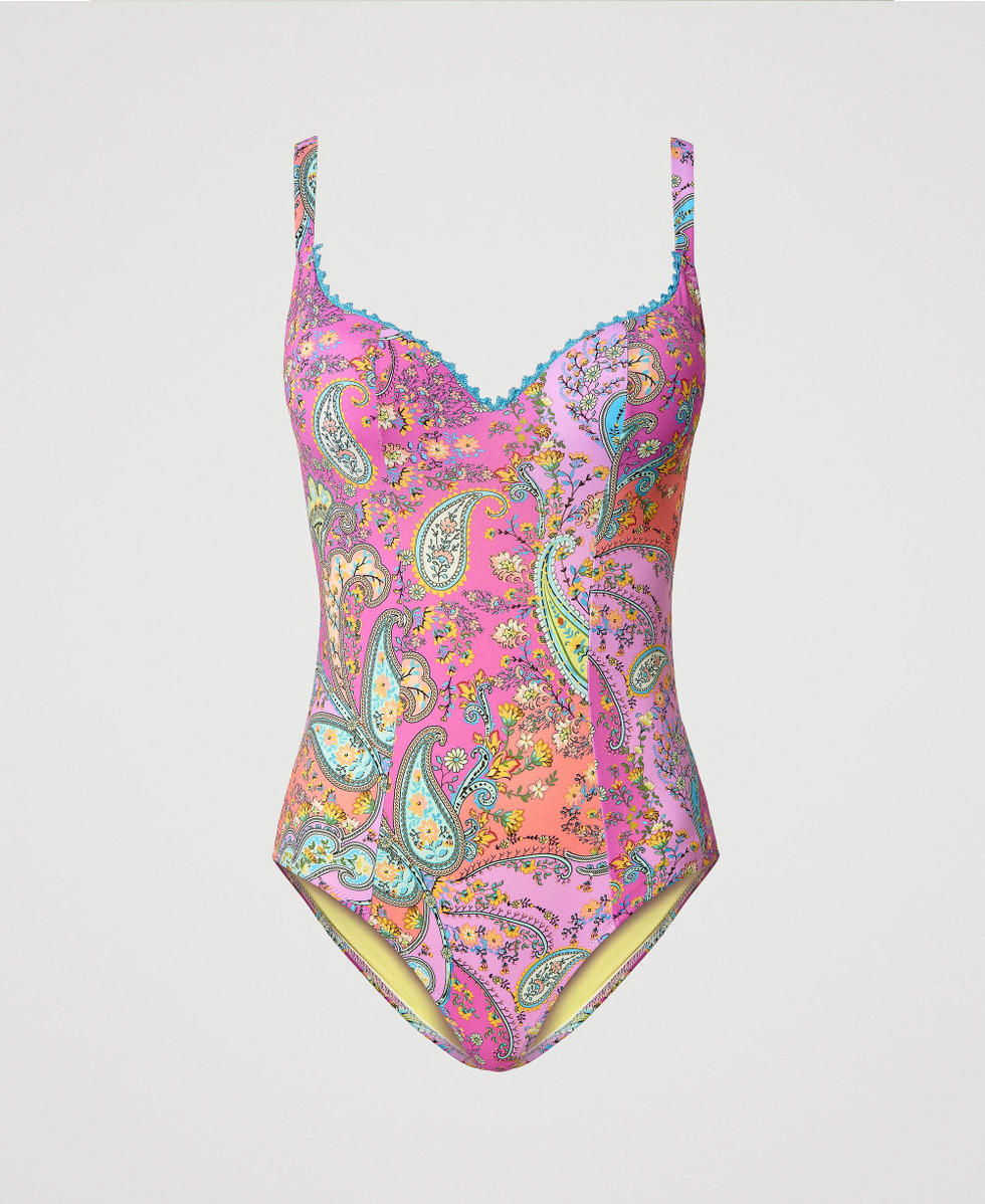 One-piece swimsuit with sweetheart neckline Multicolour &ldquo;Pink Dahlia&rdquo; Fuchsia Paisley Print Woman 241LBMBYY_11266_S0