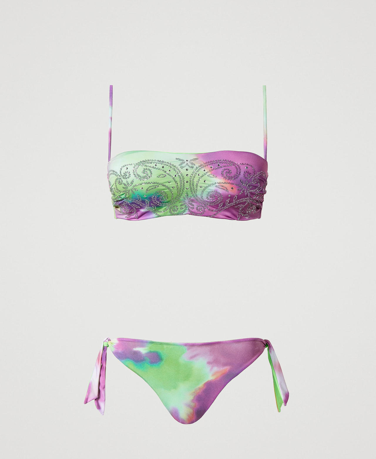 Twinset Plage - Haut De Maillot De Bain Bandeau Et Tanga Tie And Dye, Imprimé Tie & Dye Multicolore Citron Vert, Taille: 1-B