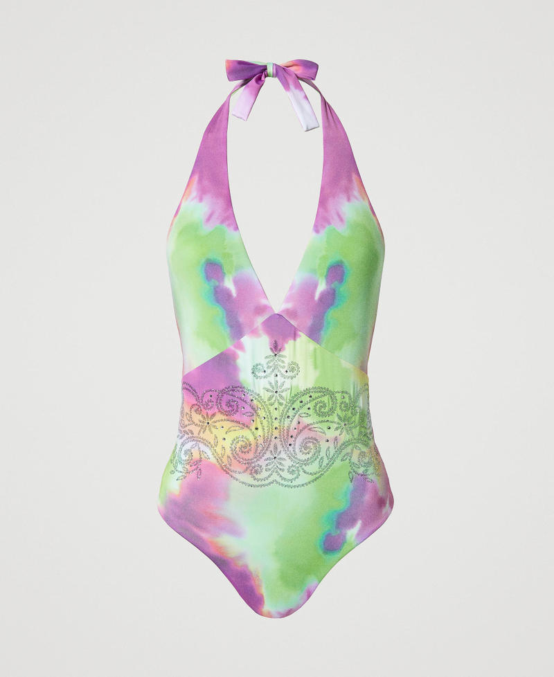 One-piece swimsuit with tie-dye print Multicolour Lime Tie-Dye Print Woman 241LBMCZZ-0S