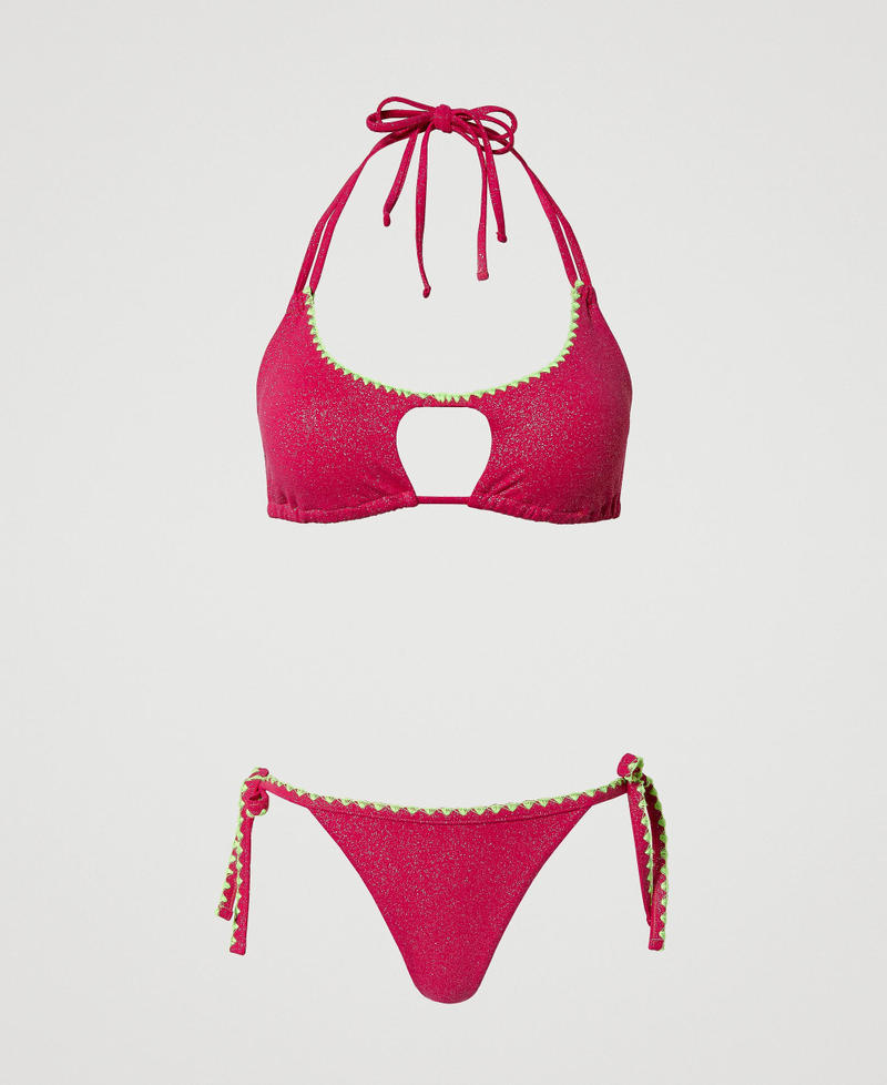 Triangle bikini top and thong set with embroidery “Pink Dahlia” Fuchsia Woman 241LBMD23-0S
