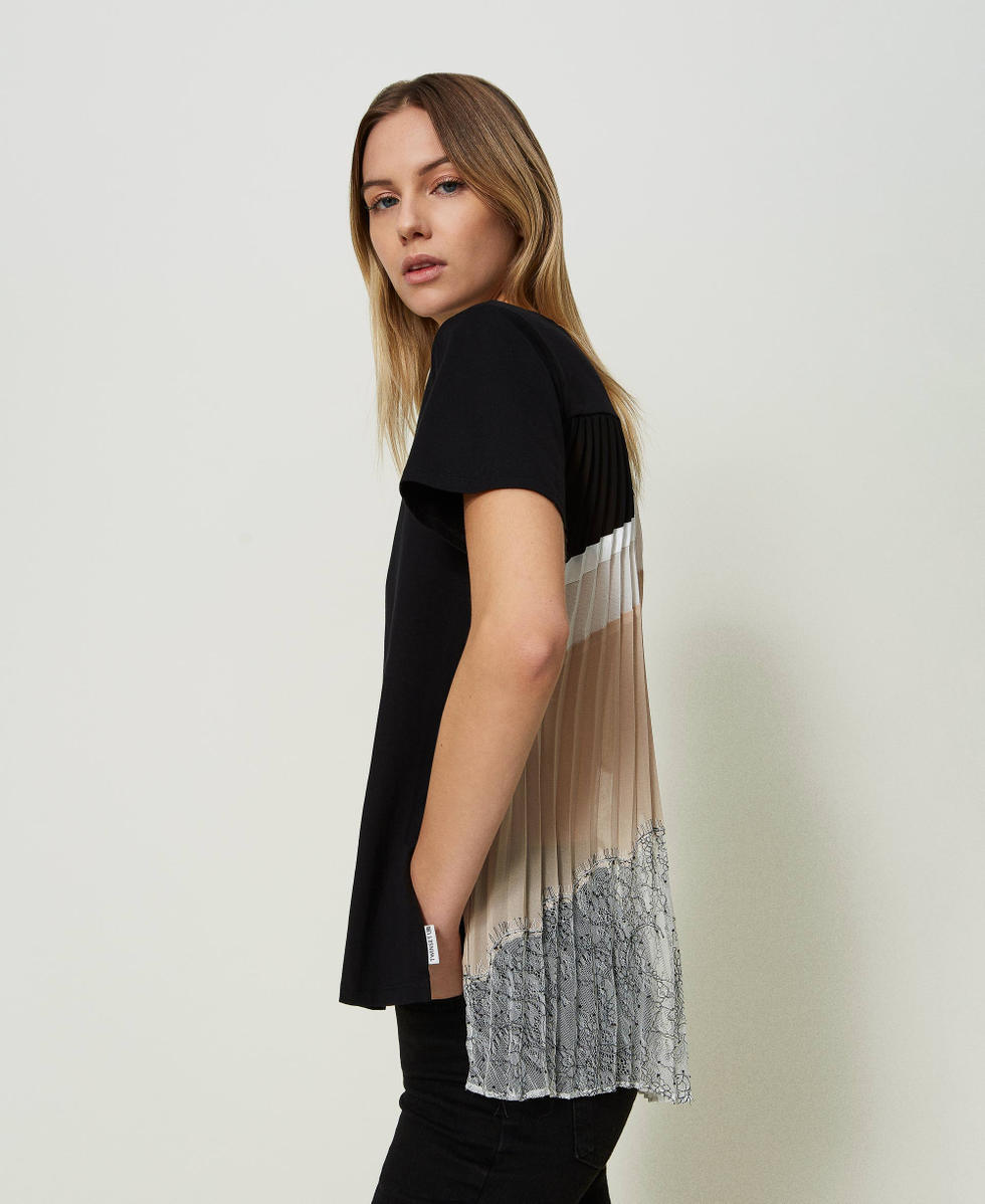 T Shirt mit Plisseevolants und Spitze Frau Schwarz TWINSET Milano