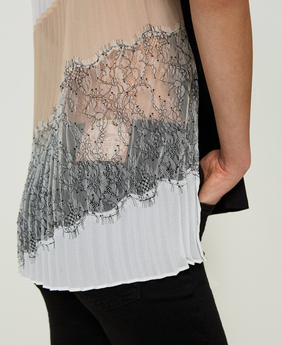 T-shirt with pleated flounces and lace Black / "Champagne" Beige / Off White Multicolour Woman 241LL2BKK-04