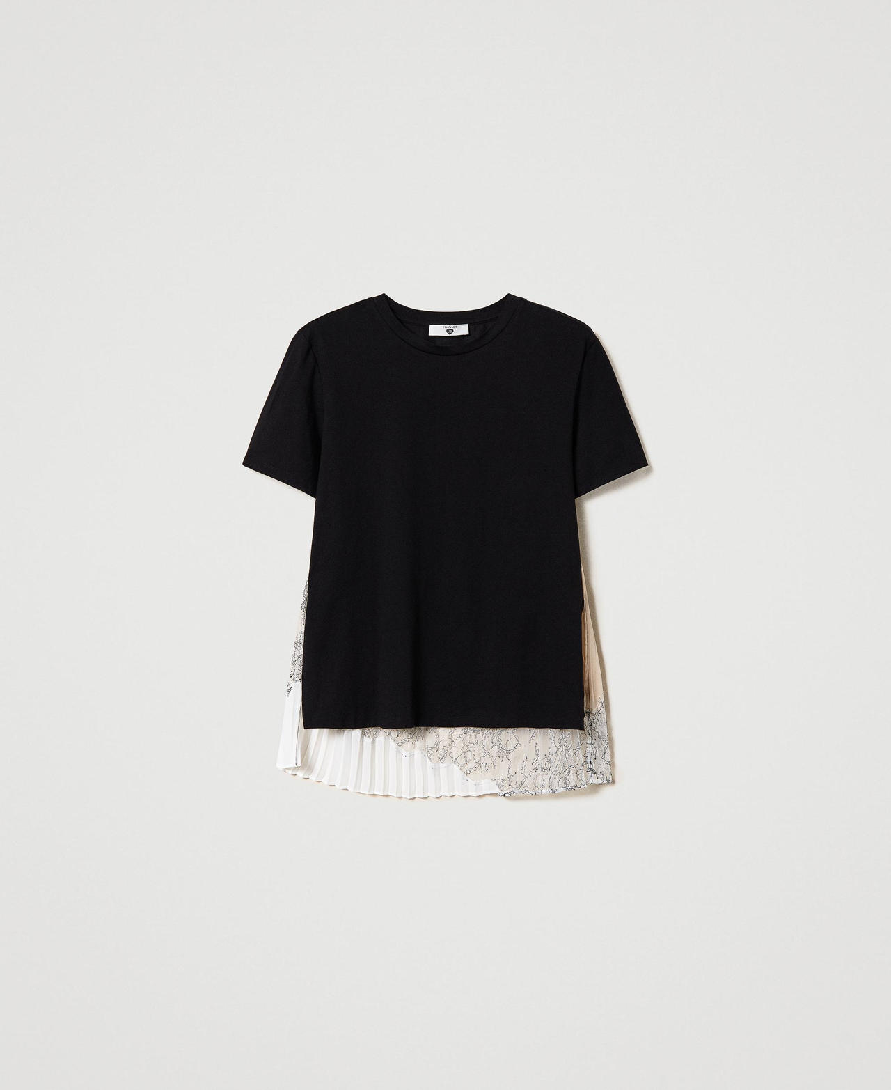 T-Shirt mit Plisseevolants und Spitze Multicolor Schwarz / „Champagne“-Beige / Off White Frau 241LL2BKK-0S