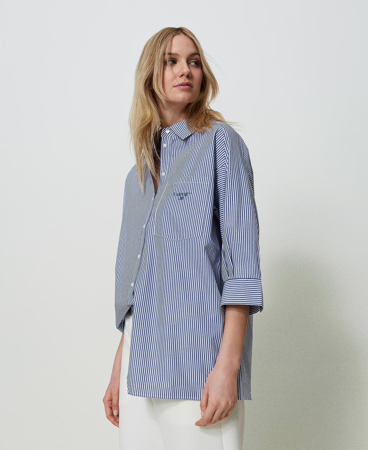 Camicia in popeline a righe con logo Riga Dress Blue / Off White Donna 241LL2DFF_11553_02
