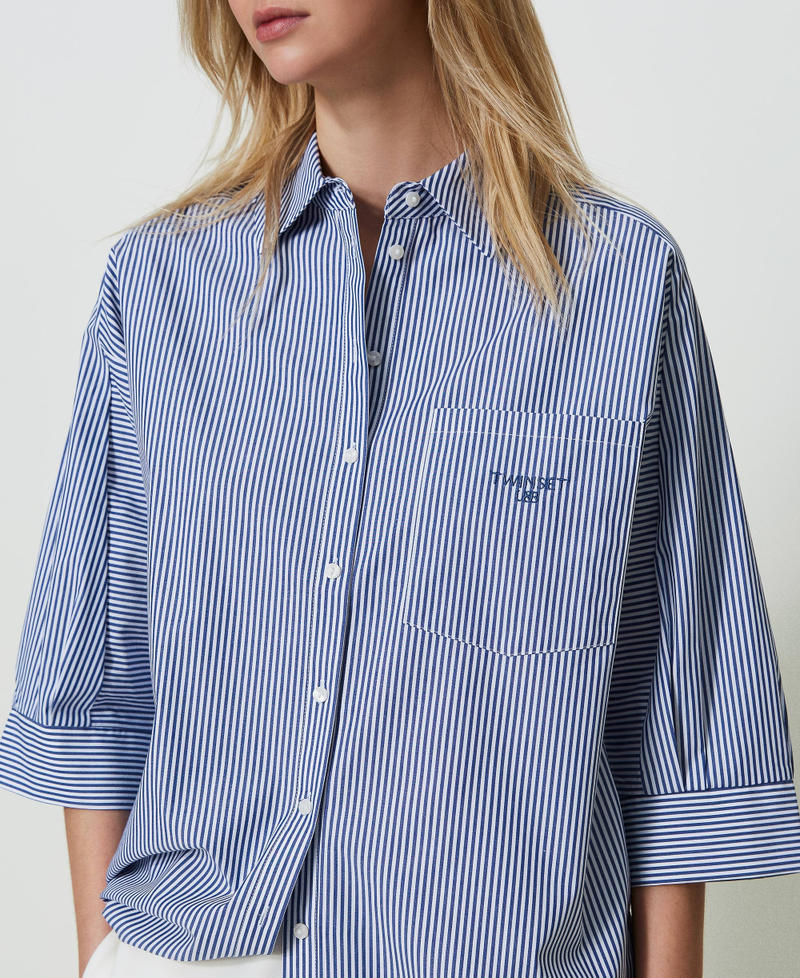 Camicia in popeline a righe con logo Riga Dress Blue / Off White Donna 241LL2DFF_11553_04
