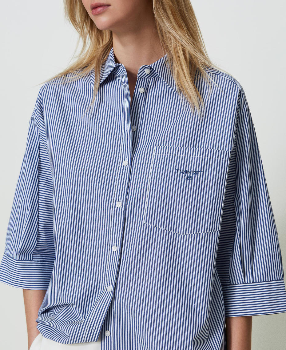 Camicia in popeline a righe con logo Riga Dress Blue / Off White Donna 241LL2DFF_11553_04