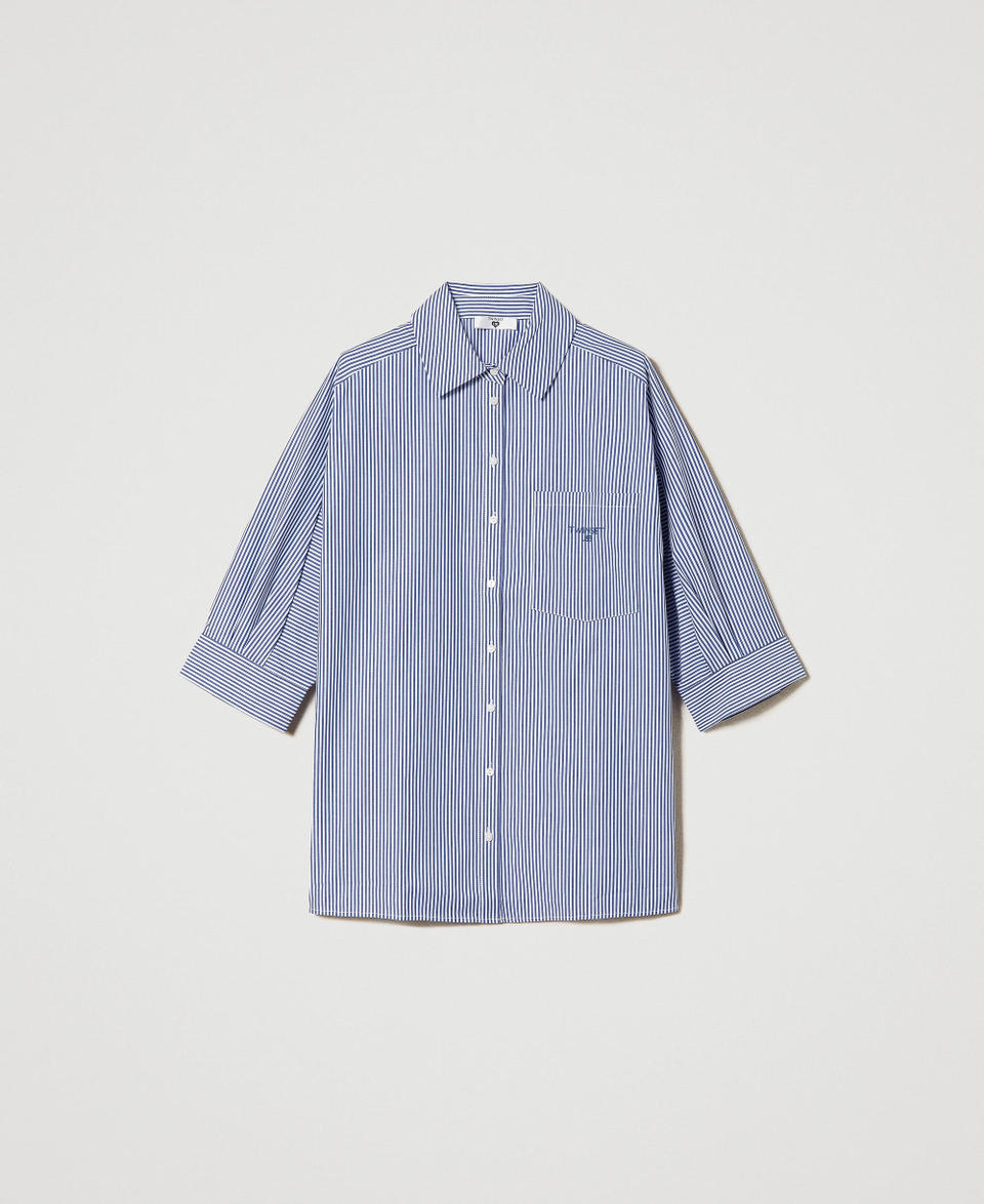 Camicia in popeline a righe con logo Riga Dress Blue / Off White Donna 241LL2DFF_11553_S0