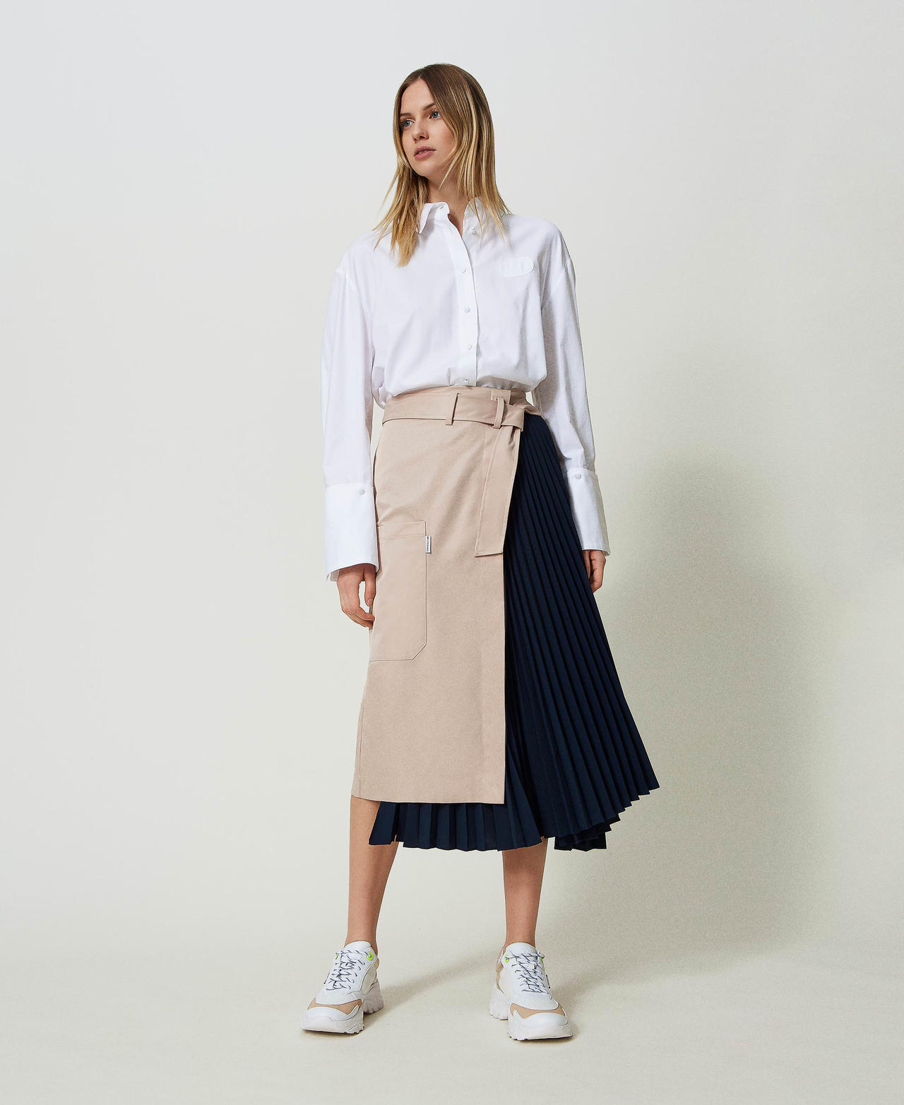 Gonna in gabardina con inserto pliss&eacute; Bicolor Beige "Champagne" / Dress Blue Donna 241LL2DMM_11446_01