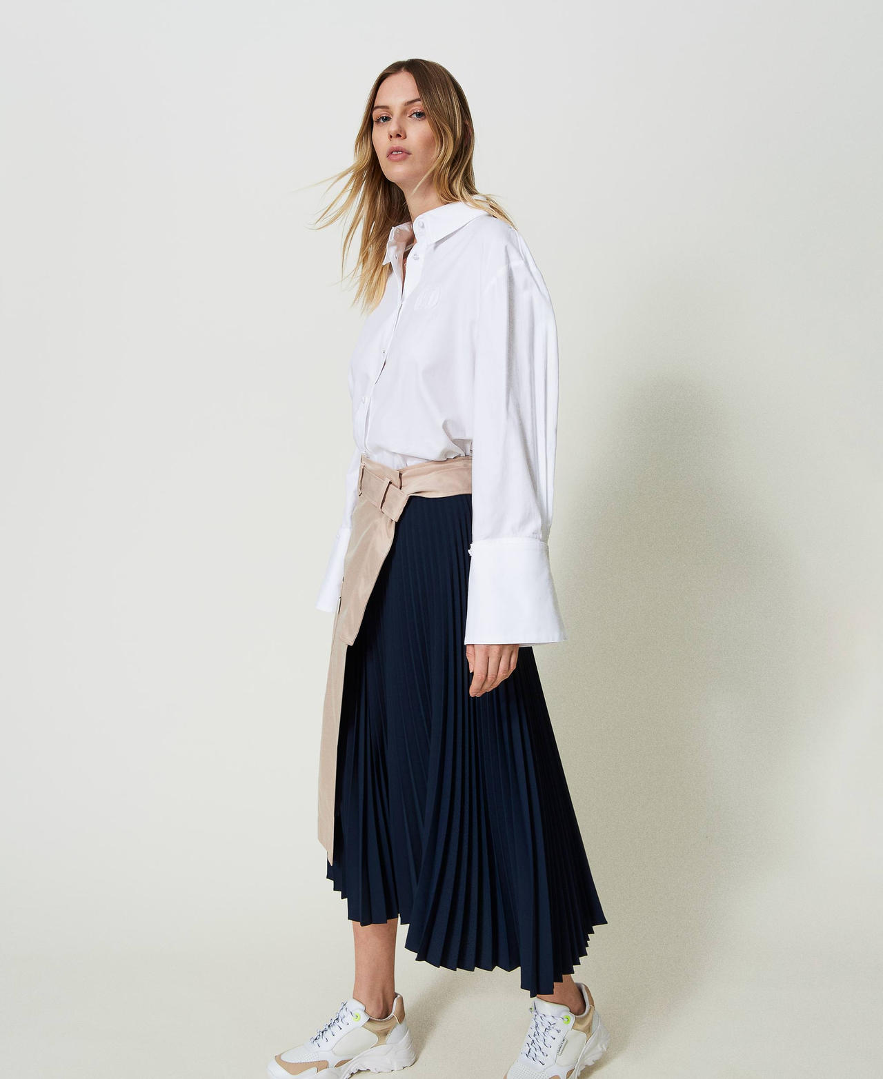 Gabardine skirt with pleated insert Two-tone "Champagne" Beige / Dress Blue Woman 241LL2DMM-02
