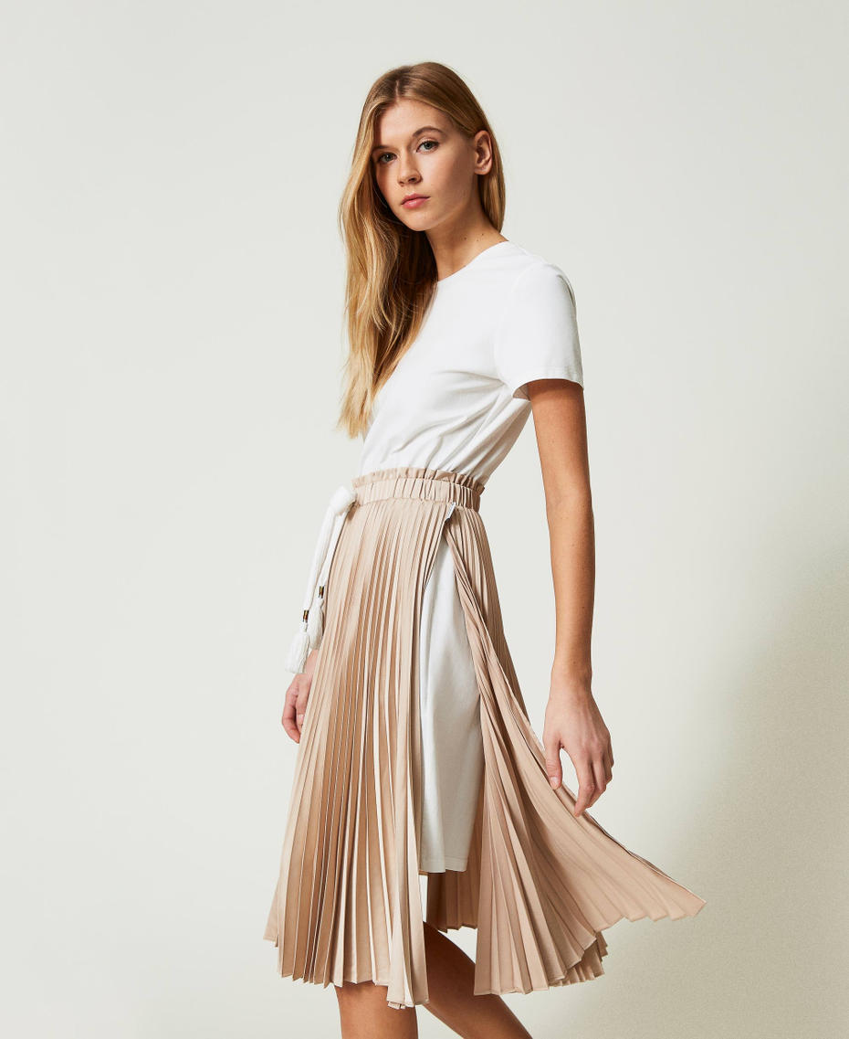 Midi dress with pleated satin Two-tone "Champagne" Beige / Off White Woman 241LL2FBB-01