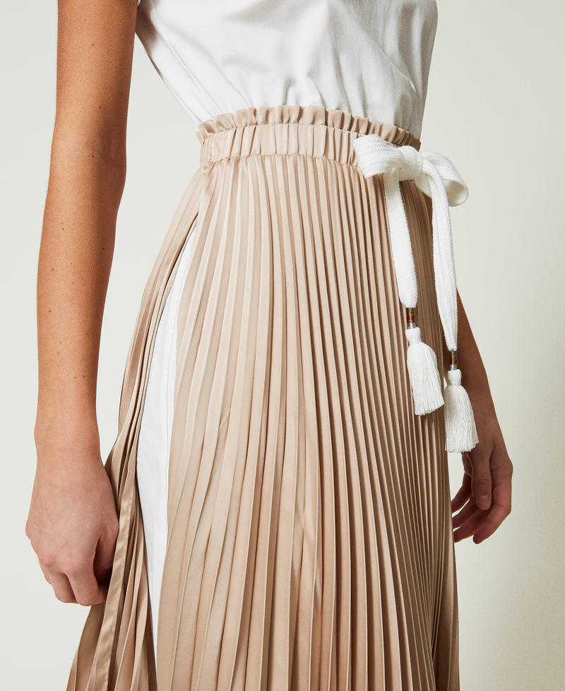 Midi dress with pleated satin Two-tone "Champagne" Beige / Off White Woman 241LL2FBB-04