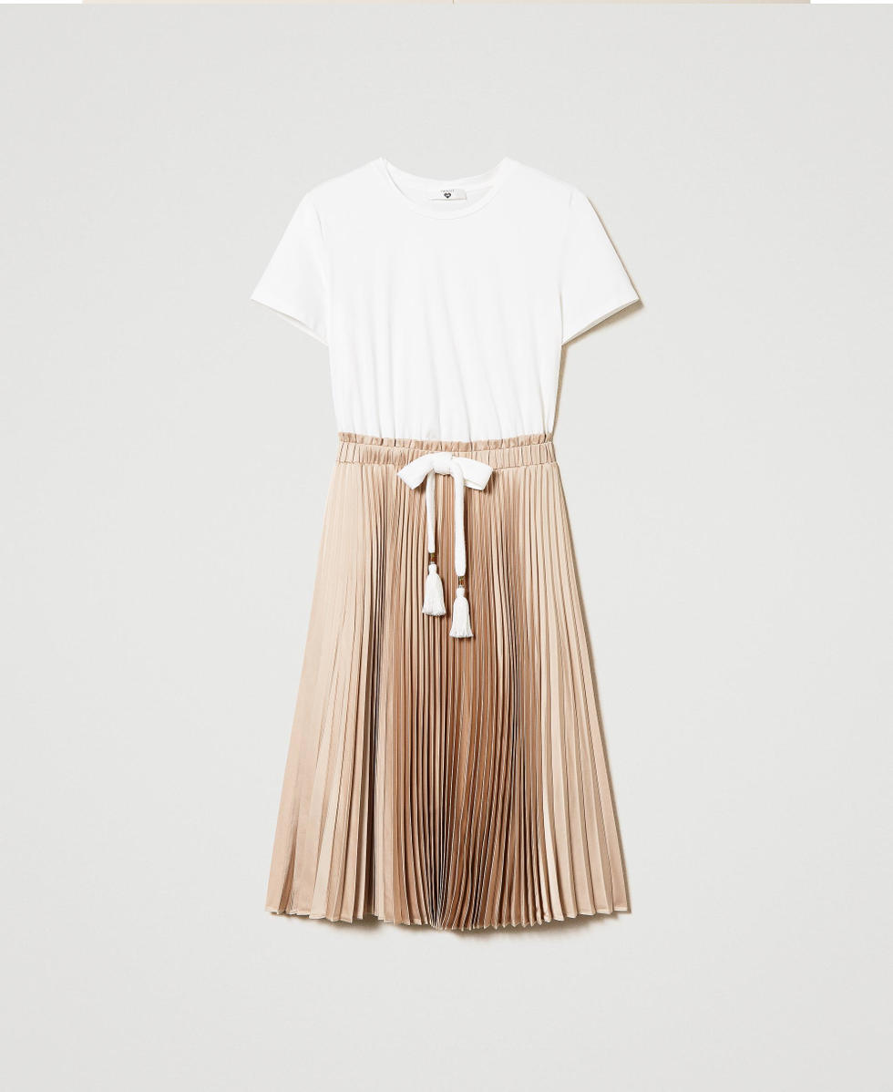 Midi dress with pleated satin