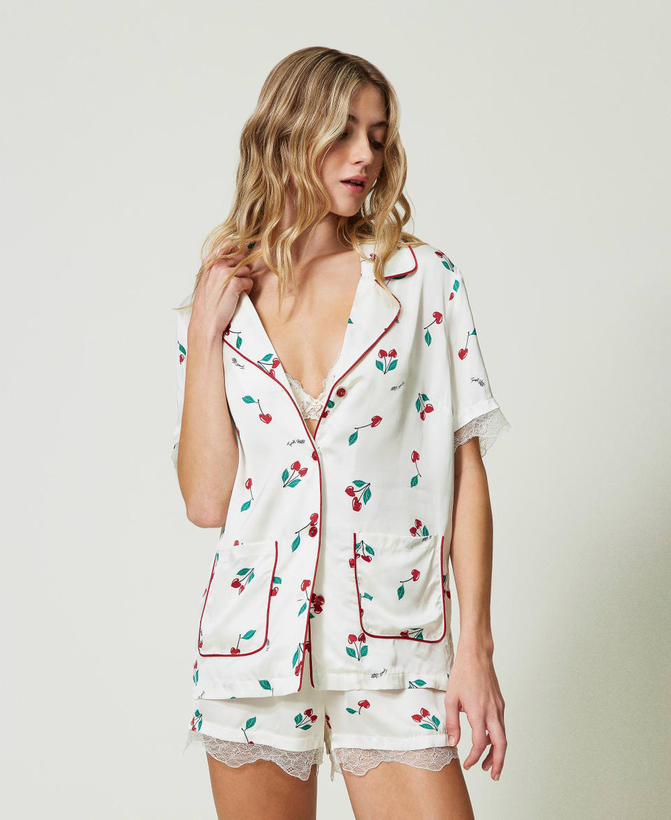 Satin tunic with cherry print Cherry Print / Antique White Woman 241LL2HAA_11419_01